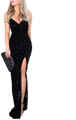 Abito da sera lungo da donna con paillettes lucide profondo scollo a V senza maniche, spacco alto, elegante da indossare per feste per club ed eventi formali (XXL nero)