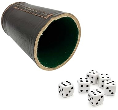 DELALO Würfelbecher aus Echtleder, Braun mit Filz und 6 Würfel, 9 x 7 cm, Hochwertiger Leiser Spielbecher für Würfelspiele (Grün)