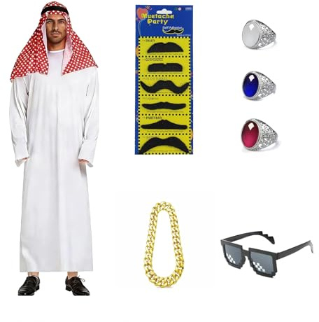 TOPRUNYI Scheich Kostüm Herren,Araber Scheich Kostüm,8 Stück Faschingskostüm Herren mit Kopftuch, Gewand, Bart,Finger Ring, Halsketten,Sonnenbrillen Disfraz Jeque Arabe Hombre für Karneval, Cosplay