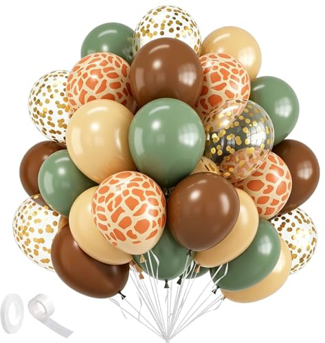 60 Stück Safari Luftballons,Luftballons Grün Beige Braun | Grün Braune Luftballons mit Salbeigrün,Salbeigrün Orange Tiermuster Party Ballons,Salbeigrün Latex Ballons