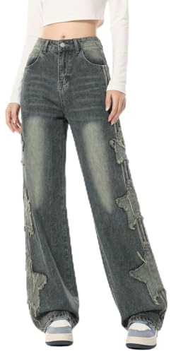 Dam hög midja jeans, med stjärntryck bred rak benform fashionabla säckiga jeans trendiga streetwear byxor bekväma fritidsjeans snygga denimbyxor mångsidiga vardagsbyxor, tryckt, stjärna, A2-blå, S