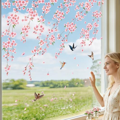 SHUCHING Fönsterbilder vår körsbärsblommor, fönsterklistermärken blommor rosa, återanvändbara självhäftande fönsterklistermärken för fönster, vitrinskåp, speglar, glas, anti-kollision