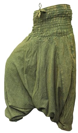 SHOPOHOLIC FASHION Unisex Loose Fit Baggy Trousers Stonewashed Plain Hippy Harem Pants (Green)
