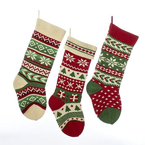 Kurt Adler Heavy Knit Snowflake and Chrismas Tree Stocking - 3 Assorted
