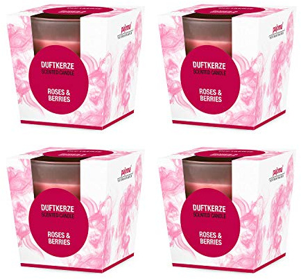 pajoma® Doftljus set om 4, rosor och bär – i satinerat glas | 4 x 120 g vaxvikt, brinntid: 25 timmar, i en ädel presentförpackning | premiumkvalitet