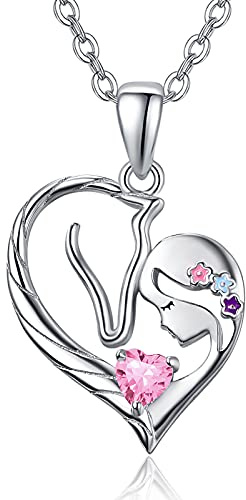 PRAYMOS Pferd Halskette Sterling Silber Herz Geburtsstein Kette Anhänger Pony Geschenk für Damen Frauen Mädchen Freund Pferdeliebhaber