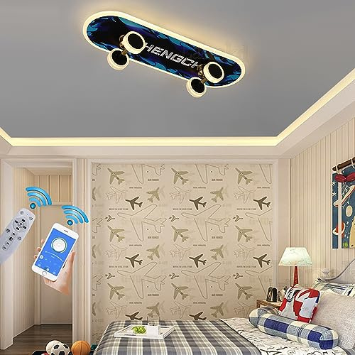 LED Ceiling Lights Skateboard Lamp Children's Room Bedroom Decor Ceiling Lamp Modern Dimmable with Remote Control APP Control RGB Kids Girls Boys Lamps Children Youth Room Hanging Light (A06)
