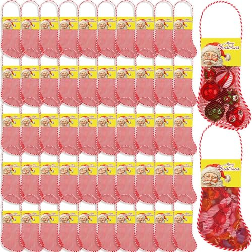 Leyndo 100 Pcs Long Mesh Christmas Stockings Bulk with 50 Christmas Stockings 50 18 Inches Santa Header Card Candy Cane Xmas Stocking for Event Gift Stuffing Family Holiday Party (Yellow)