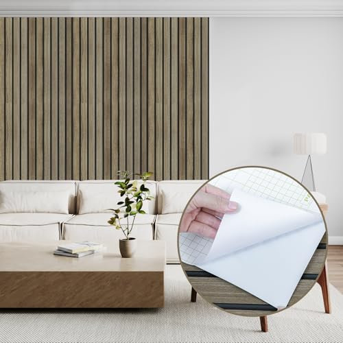 Abyssaly Wood Effect Peel and Stick Wallpaper, Vinyl Wrap Self Adhesive Removable Panel Wallpaper, Wood Slats Sticky Back Plastic for Furniture Walls, Kitchen, DIY 30cmX200cm