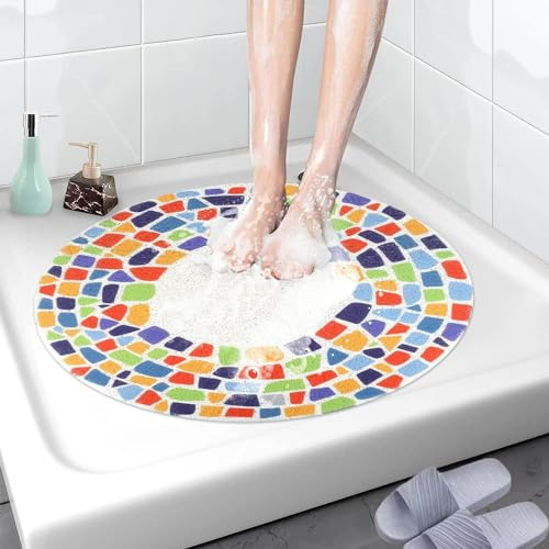 AMOMYDOG Alfombrilla para Ducha, Alfombra Ducha Redonda Antideslizante de Lufa Suave, Antimoho Antibacteriano PVC Alfombra Baño, Drenaje Rápido Esterilla Tapete Ducha (Multicolor)