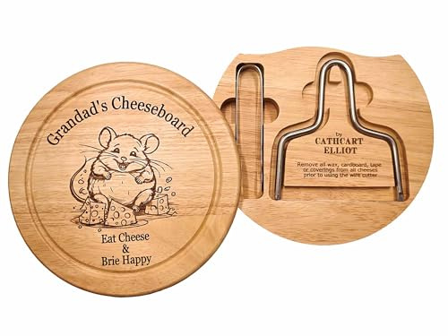 Cathcart Elliot Round Cheese Board, 19cm, Wood, Wire Cutter + Tongs, Personalised Engraving Mouse Theme Cheeseboard