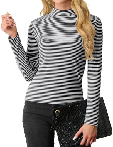 PrinStory Women's Turtle Neck Sweatshirts Elegant Jumpers Long Sleeve Tops For Women Business Casual Pullover Tops For Ladies (Black White Stripe, L)