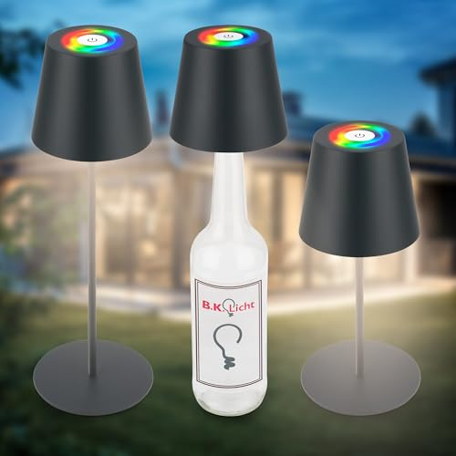 B.K.Licht - Lampe de table LED RGBW 3 en 1 sans fil IP44 avec tactile, intensité variable en continu, batterie et source de lumière remplaçables, lampe de chevet, lampe LED, lampe en bouteille, 36 x