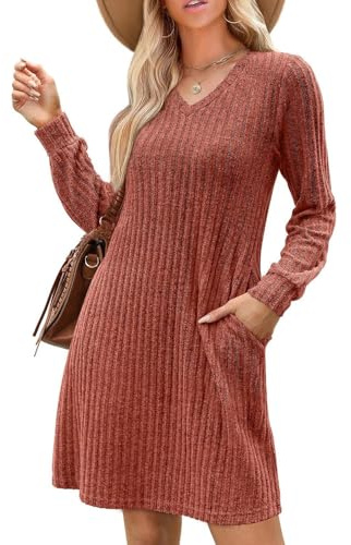 KOEMCY Robe Hiver Femme Tricoté Col en V à Manches Longues Chic Élégant Tunique avec Poches Robes Automne Hiver pour Fête Bureau Décontracté (Chocolat/S)