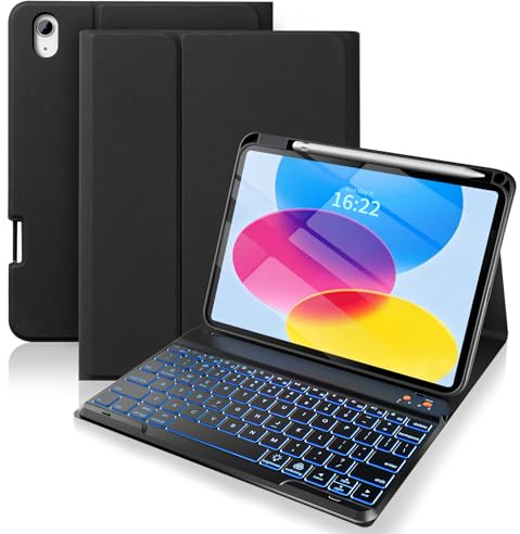 Senyoson Keyboard Case for iPad A16 11th/10th Generation, Black | 11/10.9 inch Case, 7 Colors Backlit, Detachable Magnetic Keyboard, 3 Adjustable Viewing Angles, Pencil Holder