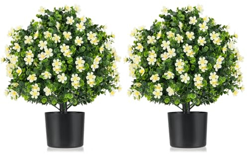 COSTWAY Set of 1/2 Artificial Boxwood Topiary Ball Tree, Faux Shrub Bushes with Flowers and Plastic Nursery Pot, Fake Decorative Greenery Plants for Indoor Outdoor (2, White Gardenia)