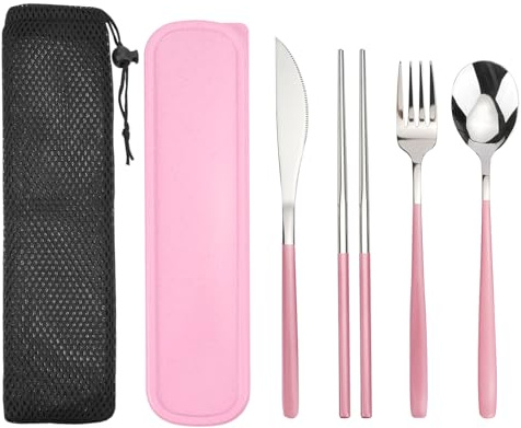 STNRST-IN 4 PCS Travel Cutlery Set with Case, Stainless Steel Portable Travel Lunch Utensils, Reusable Flatware Set with Case & Bag, Knife Fork Spoon Chopsticks Kit for Office School Camping (Pink)