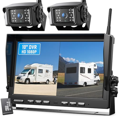 Digital Rückfahrkamera Kabellos Set 10“ HD 1080P Monitor+Dual-Kameras | IP69K wasserdichte Rückfahrkamera Funk, Nachtsicht, Wireless Einparkhilfe, Loop-Aufnahme, für LKW Wohnwagen Anhänger