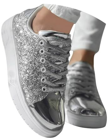 MODSGUE Zapatillas planas con purpurina, zapatos de novia para mujer, elegantes, para carnaval, metálicos, hippie, con lentejuelas, básicas, para correr, brillantes, para fiestas, zapatos rave, plata