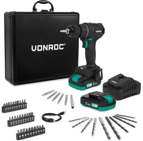 VONROC PRO sladdlös borrmaskin 20 V - 40 Nm - borstlös motor - 17 vridmomentinställningar + borrläge - med 2 x 2,0 Ah-batterier, laddare och 46 tillbehör i en premiumlåda