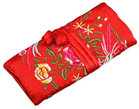 xbiez Tradizionale custodia da viaggio in seta elegante con ricamo cinese per gioielli, organizer per gioielli, rotolo da avvolgere