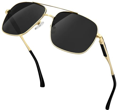 KANASTAL Gafas de Sol Doradas Negras Hombre Grandes Polarizadas Mujer Cuadradas Metal Vintage UV400 Gold Black Sunglasses Mens - Doradas Montura Negro Lentes