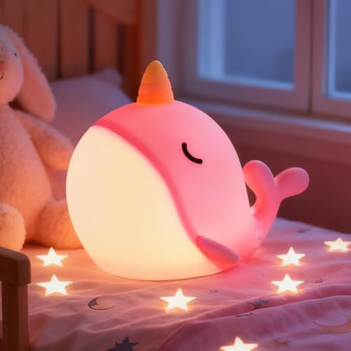 Gemmac Luce Notturna, 7 Colore LED Narvalo Luce Notturna USB Portatile Tocca lampada Dimmerabile e con Chiusura Timer Lucina Notte RGB Controllo Touch Kawaii Regali di Compleanno/Natale Decorazione