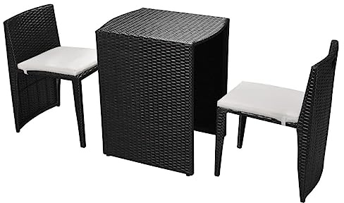 vidaXL Bistroset 3-TLG. mit Auflagen Balkonset Sitzgruppe Gartenmöbel Balkonmöbel Gartenset Garnitur Tisch Stühle Poly Rattan Schwarz
