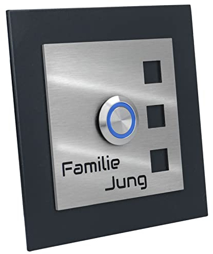 Jung Edelstahl Design Edelstahl Türklingel „Manhattan 009 mit Gravur. Klingelplatte 10x10cm. LED Taster in (blau). Grundplatte anthrazit RAL7016 pulverbeschichtet. Klingelschild aus V2A Edelstahl.