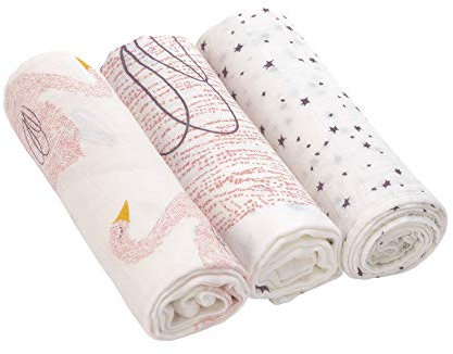 LÄSSIG Baby Mulltuch Spucktuch Puckdecke 3er Set Baumwolle 80 x 80 cm/ Heavenly soft Swaddle L Little Water Swan