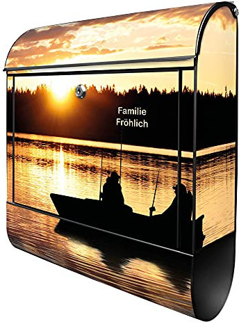 banjado® Design Briefkasten personalisiert Angler 38,5x46,5x13cm & 2 Schlüssel - Briefkasten Stahl schwarz Zeitungsfach pulverbeschichtet - Postkasten A4 Einwurf inkl. Montagematerial