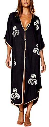 YouKD Cárdigan Flojo Bordado Floral de algodón de Verano Vestido de Encubrimiento de Bikini de Playa Boho Traje de Talla Grande para Mujer