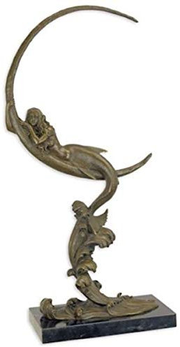 Casa Padrino Luxus Bronzefigur Halbmond & Meerjungfrau Bronzefarben/Schwarz 32,7 x 14 x H. 65 cm - Elegante Bronze Skulptur mit Marmorsockel - Deko Accessoires