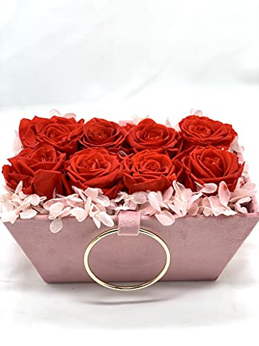 8 Rosas Eternas Rojas en Caja Terciopelo Rosa - Flores Día de la Madre - Flores preservadas para Regalar con DEDICATORIA (Rosas Rojas en Caja Rosa)