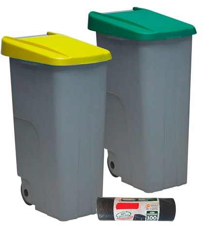 Denox PK3333 Pack Reciclaje Reciclo 85 litros Cerrado c/u: 170 litros totales, en 2 contenedores, en Colores Verde/Amarillo
