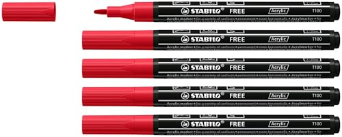 STABILO - Acrylmarker - FREE Acrylic T100 | Strichbreite 1-2 mm, 5er Pack, karmin