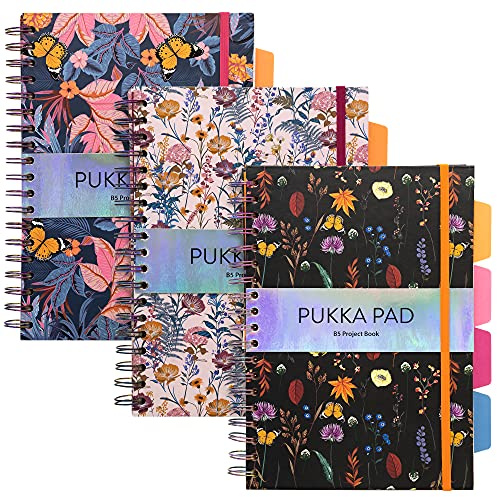 Pukka Pad Bloom B5 Project Book – Pack of 3 Wirebound Notebooks with 4 Repositionable Dividers with Tabs for Organisation and Personalisation – 200 Pages, 100 Sheets of 80GSM Paper