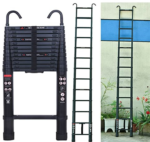 Alu Teleskopleiter Klappleiter Ausziehbar 6,2m, Anlegeleiter Alu mit 2 Haken, Sicherheitsschloss, 15 Sprossen, Ausziehleiter Teleskopleiter für Outdoor & Indoor, 150kg Tragkraft, EN131