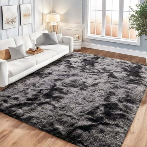 Lanyesky Alfombras Salón Grandes Pelo Largo Alfombra Habitación Dormitorio Lavables Alfombra de Pelo Largo para salón o Dormitorio, Alfombra esponjosa. (80x160cm, Gris Oscuro)