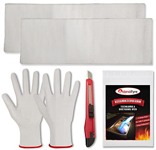 Danskfyre Ceramic Wool for Bioethanol Fireplace - Longer Burning Time and Even Flame Image / Set of 2 Ceramic Wool 30 x 10 x 1.3 cm / Cotton Wool with Cutter Knife and Gloves