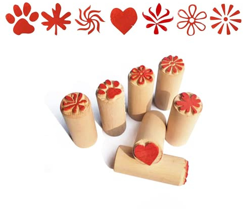 Vokowin 7pcs Wood Stamp, Wooden Handle Pottery Tools Set Clay Stamps Cookie Dough Textiles Scrapbook Printing Tools Block Stamp for Scrapbook, Card Making, Crafts (K89-7)