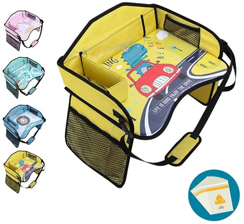 Amoilly Kids Travel Tray for Toddler Car Seat, Lap Travel Tray for Car Airplane, Car Trays for Kids Roadtrip Essentials with 15PC Trash Bag (Dinosaur Yellow)
