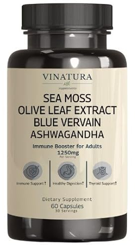 VINATURA Organic Sea Moss, Blue Vervain - with Black Seed Oil, Ashwagandha, Ginger, Burdock Root Capsules - 1250mg per Serving, *USA Made &Tested* Immune Booster for Adults