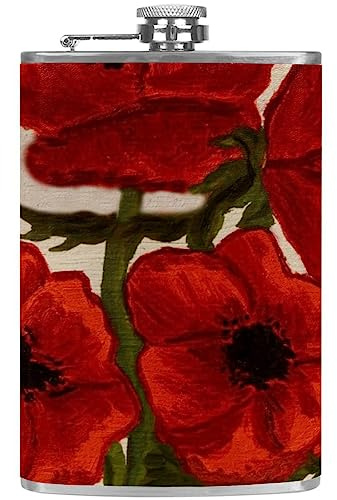 Flasque avec entonnoir Flacons personnalisés,Art floral coquelicot rouge,Petit flacon portatif en acier inoxydable pour l'alcool