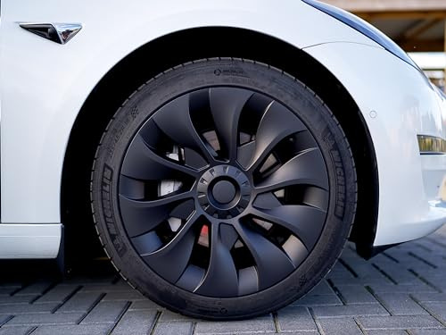 Tesvolution Tesla Model 3 Radkappen Set 18-Zoll Nabenkappe Abdeckung Matt Schwarz 2021 + 2022 + 2023 Zubehör für Aero Felgen - Radnabenabdeckung Turbine Felgenschutz