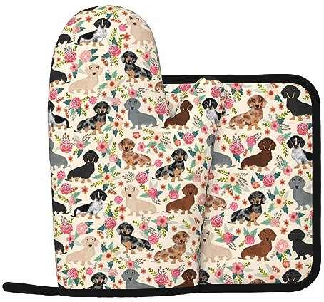 Dachshund Floral Pirnt Oven Mitts and Pot Holders Silicone Non-Slip Oven Gloves Heat Resistant Hot Pads for Kitchen Cooking Baking BBQ 2 Piece