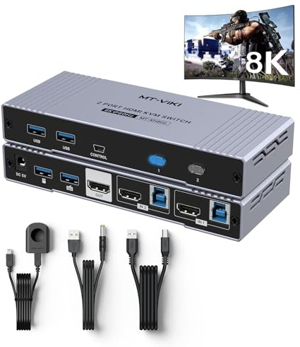 MT-VIKI 8K@60Hz USB 3.0 HDMI KVM Switch 2 Port, Aluminum 2 in 1 out KVM Switch HDMI 2.1,HDCP 2.3, Dolby, 3D HDR with Wired Controller + USB Cables