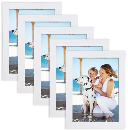 Joyshare Bilderrahmen 10×15 cm Weiß 5er-Set aus MDF | Hochklares Acrylglas, moderner Wechselrahmen für Fotos, Bilder und Kunstwerke