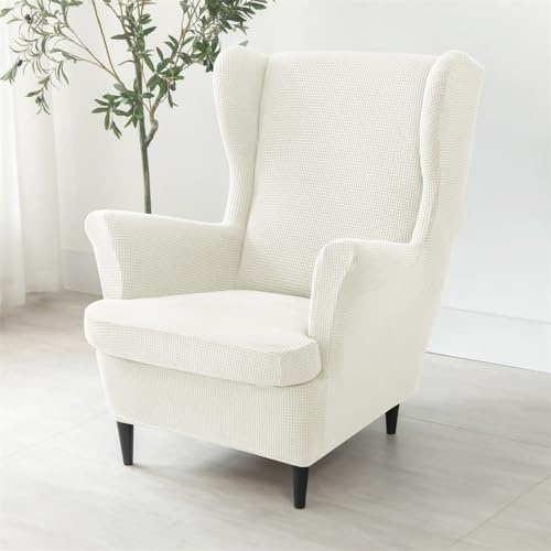 Highdi Funda de Sillón de Orejero Elástica en Jacquard para Strandmon, Color Sólido 2-Piezas Funda de Sofá Relax, Fundas Protector de Butaca para Club Dormitorio Hotel (Blanco)