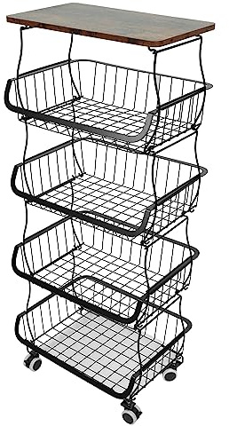 Carrello Portafrutta, Cesti Impilabili su Ruote con 5 Cestini Portaoggetti in Filo, Cestino Cesti Impilabili su Ruote Cesti Impilabili per Cucina, Dispensa, Ripostiglio, Bagno-40 * 30 * 94 cm (nero)